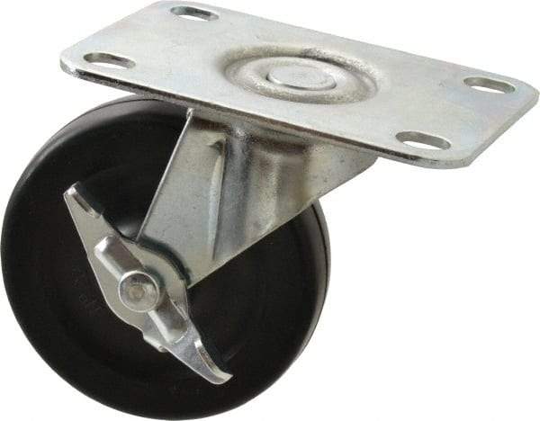 Shepherd - 3" Diam x 13/16" Wide x 3-1/2" OAH Top Plate Mount Swivel Caster with Brake - Soft Rubber, 110 Lb Capacity, Nylon Bearing, 2-5/8 x 3-3/4" Plate - Exact Industrial Supply