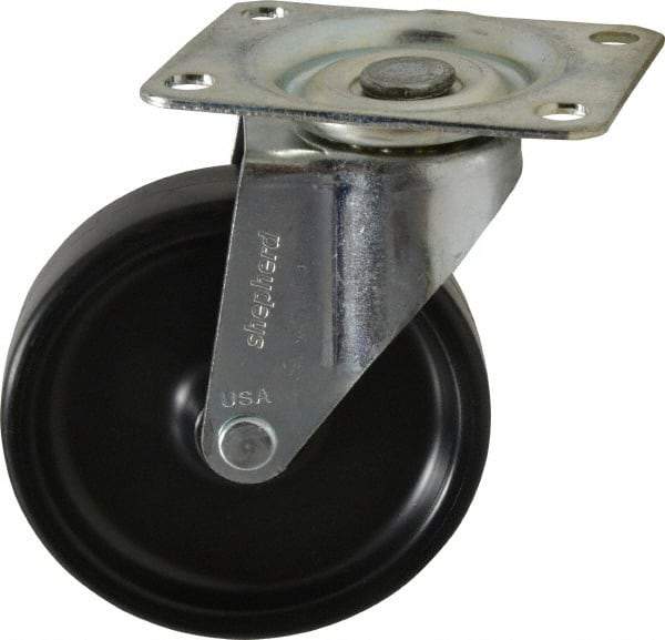 Shepherd - 4" Diam x 15/16" Wide x 4-3/4" OAH Top Plate Mount Swivel Caster - Polyolefin, 150 Lb Capacity, Plain Bearing, 2-5/8 x 3-3/4" Plate - Exact Industrial Supply