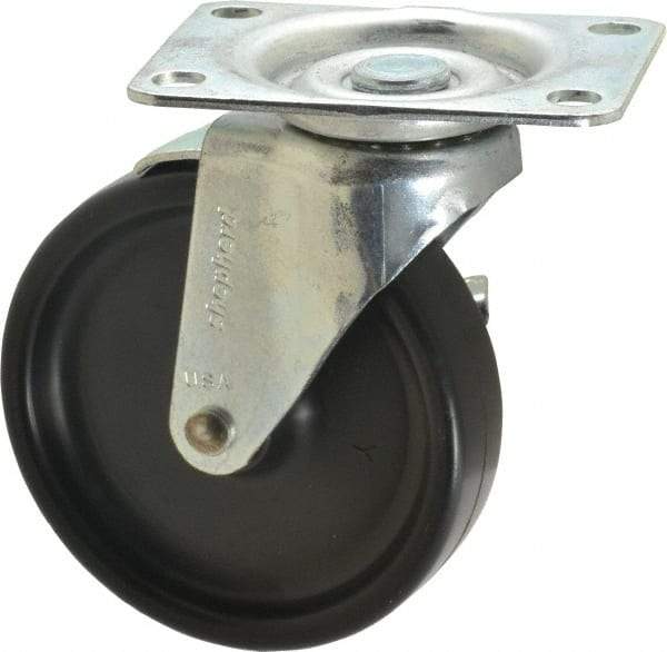 Shepherd - 4" Diam x 15/16" Wide x 4-3/4" OAH Top Plate Mount Swivel Caster with Brake - Polyolefin, 150 Lb Capacity, Plain Bearing, 2-5/8 x 3-3/4" Plate - Exact Industrial Supply