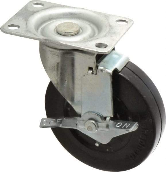 Shepherd - 4" Diam x 15/16" Wide x 4-3/4" OAH Top Plate Mount Swivel Caster with Brake - Soft Rubber, 125 Lb Capacity, Nylon Bearing, 2-5/8 x 3-3/4" Plate - Exact Industrial Supply