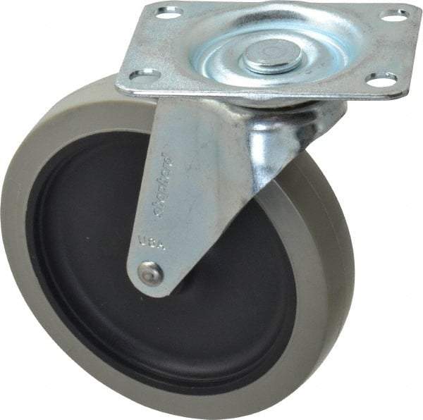 Shepherd - 5" Diam x 15/16" Wide x 5-3/4" OAH Top Plate Mount Swivel Caster with Brake - Polyurethane, 160 Lb Capacity, Plain Bearing, 2-5/8 x 3-3/4" Plate - Exact Industrial Supply