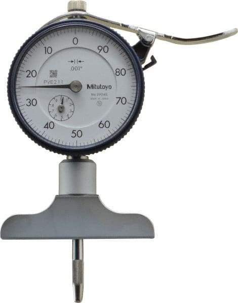 Mitutoyo - 0 to 8 Inch Range, Carbide Tipped Ball Point, White Dial Depth Gage - 0.001 Inch Graduation, 0.002 Inch Accuracy, 1 Inch Travel, 2-1/2 Inch Base Measuring Length - Exact Industrial Supply