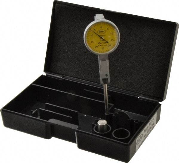 Mahr - 1/4 mm Range, 0.01 mm Dial Graduation, Horizontal Dial Test Indicator - 27.5 mm Yellow Dial, 0-25-0 Dial Reading - Exact Industrial Supply
