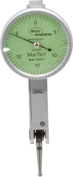 Mahr - 0.015 Inch Range, 0.0005 Inch Dial Graduation, Horizontal Dial Test Indicator - 1.1 Inch Green Dial, 0-15-0 Dial Reading - Exact Industrial Supply