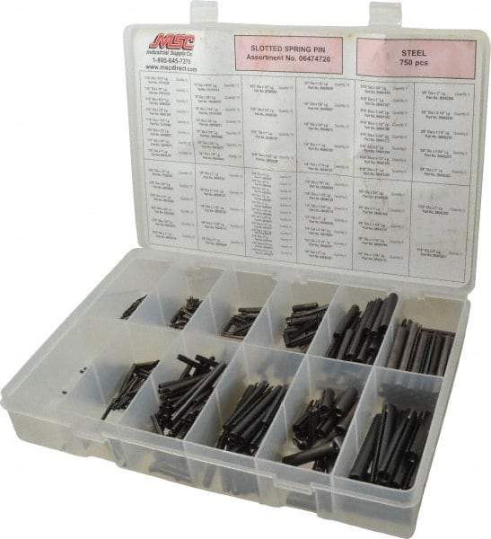 Made in USA - 750 Piece, 1/16 to 7/16" Pin Diam, Spring Pin Assortment - Steel - Exact Industrial Supply