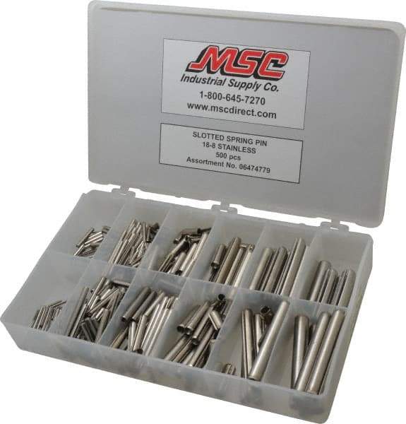 Made in USA - 500 Piece, 1/16 to 7/16" Pin Diam, Spring Pin Assortment - 18-8 Stainless Steel - Exact Industrial Supply