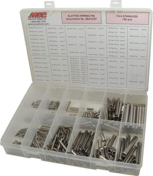 Made in USA - 750 Piece, 1/16 to 7/16" Pin Diam, Spring Pin Assortment - 18-8 Stainless Steel - Exact Industrial Supply