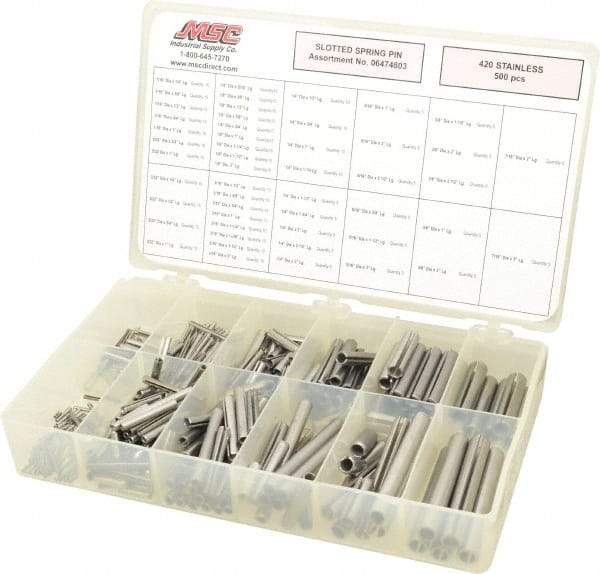 Made in USA - 500 Piece, 1/16 to 7/16" Pin Diam, Spring Pin Assortment - 420 Stainless Steel - Exact Industrial Supply