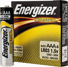 Energizer - Size AAA, Alkaline, 4 Pack, Standard Battery - 1.5 Volts, Button Tab Terminal, LR03, ANSI, IEC Regulated - Exact Industrial Supply