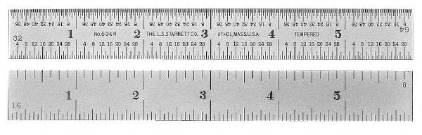 PEC Tools - 36" Long, 1/100, 1/64, 1/32, 1/10" Graduation, Rigid Steel Rule - 5R Graduation Style, 1-1/4" Wide, Silver, Satin Chrome Finish - Exact Industrial Supply