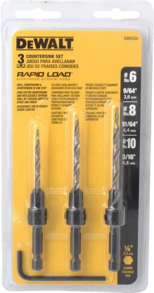 DeWALT - 3 Piece, 0.13 to 0.19" Head Diam, 77 to 83° Included Angle, Single End Countersink Set - Exact Industrial Supply