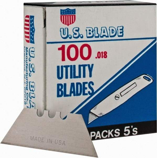 U.S. Blade - 100 Piece Steel Utility Knife Blade - 2" OAL, 0.017" Blade Thickness - Exact Industrial Supply