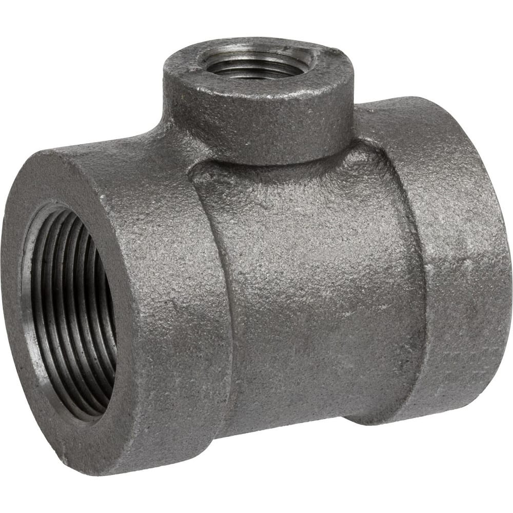 Black Pipe Fittings; Fitting Type: Reducing Branch Tee; Fitting Size: 3/4″ x 1/2″; Material: Malleable Iron; Finish: Black; Fitting Shape: Tee; Thread Standard: NPT; Connection Type: Threaded; Lead Free: No; Standards:  ™ASME ™B1.2.1;  ™ASME ™B16.3; ASTM