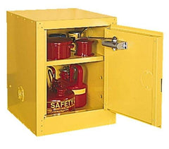 Eagle - 1 Door, 1 Shelf, Yellow Steel Bench Top Safety Cabinet for Flammable and Combustible Liquids - 22-1/2" High x 17-1/2" Wide x 18" Deep, Manual Closing Door, 3 Point Key Lock, 4 Gal Capacity - Exact Industrial Supply