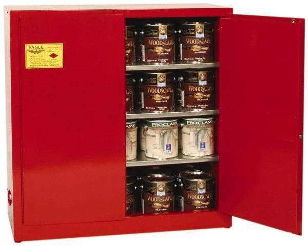 Eagle - 2 Door, 3 Shelf, Red Steel Standard Safety Cabinet for Flammable and Combustible Liquids - 44" High x 43" Wide x 18" Deep, Manual Closing Door, 3 Point Key Lock, 40 Gal Capacity - Exact Industrial Supply