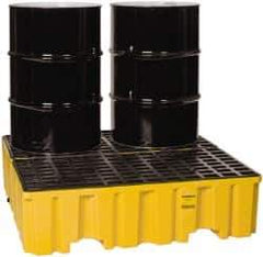 Eagle - 120 Gal Sump, 4,000 Lb Capacity, 4 Drum, Polyethylene Spill Deck or Pallet - 51-1/2" Long x 52.4" Wide x 13-3/4" High, Yellow, Liftable Fork, Drain Included, Vertical, 2 x 2 Drum Configuration - Exact Industrial Supply