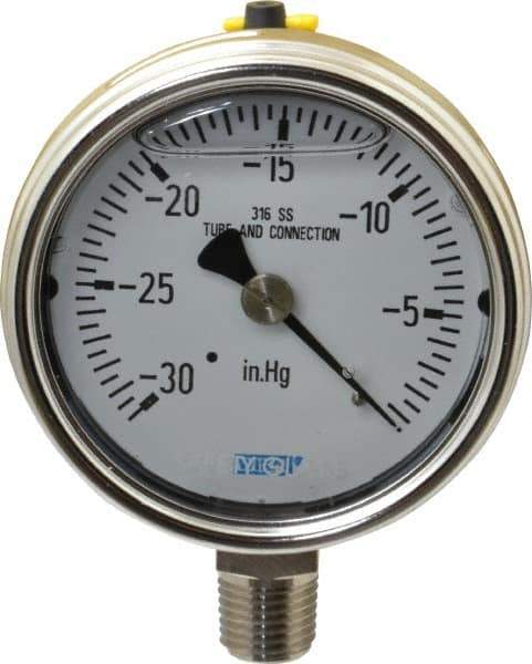 Wika - 2-1/2" Dial, 1/4 Thread, 30-0 Scale Range, Pressure Gauge - Lower Connection Mount, Accurate to 2-1-2% of Scale - Exact Industrial Supply
