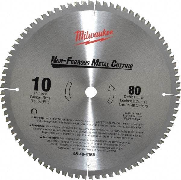 Milwaukee Tool - 10" Diam, 5/8" Arbor Hole Diam, 80 Tooth Wet & Dry Cut Saw Blade - Carbide-Tipped, General Purpose & Straight Action, Standard Round Arbor - Exact Industrial Supply