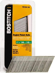 Stanley Bostitch - 15 Gauge 0.07" Shank Diam 1-1/2" Long Finishing Nails for Power Nailers - Steel, Bright Finish, Smooth Shank, Angled Stick Adhesive Collation, Round Head, Chisel Point - Exact Industrial Supply