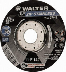 WALTER Surface Technologies - 60 Grit, 4-1/2" Wheel Diam, 3/64" Wheel Thickness, 7/8" Arbor Hole, Type 27 Depressed Center Wheel - Aluminum Oxide, Resinoid Bond, 13,300 Max RPM - Exact Industrial Supply