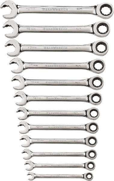 GearWrench - 12 Piece, 8mm to 19mm, 12 Point Ratcheting Combination Wrench Set - Metric Measurement Standard, Chrome Finish - Exact Industrial Supply