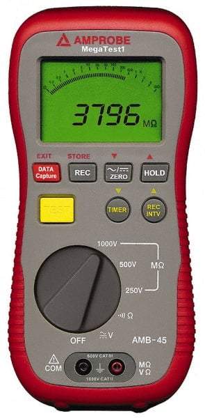 Amprobe - Digital LCD Display, 4,000 Megohm Electrical Insulation Resistance Tester & Megohmmeter - 1,000 VDC Max Test Voltage, Powered by 1.5V AA Battery - Exact Industrial Supply