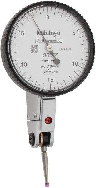 Mitutoyo - 0.03 Inch Range, 0.0005 Inch Dial Graduation, Horizontal Dial Test Indicator - 1.54 Inch White Dial, 0-15-0 Dial Reading, Accurate to 0.0005 Inch - Exact Industrial Supply