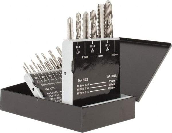 Interstate - 2.05 to 10.2mm Drill, M2.5x0.45 to M12x1.75 Tap, Hand Tap and Drill Set - Bright Finish High Speed Steel Drills, Bright Finish High Speed Steel Taps, Plug Chamfer, 18 Piece Set - Exact Industrial Supply