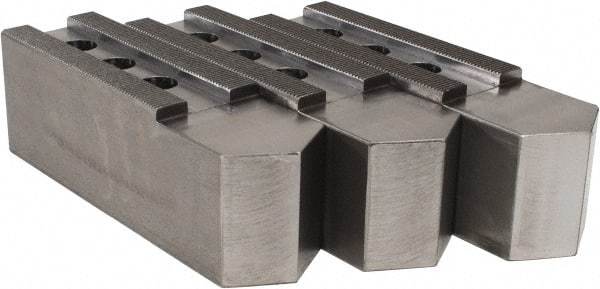 H & R Manufacturing - 16 to 20" Chuck Capacity, 3/32 x 90° Serrated Attachment, Square Soft Lathe Chuck Jaw - 3 Jaws, Steel, 1-9/16" Btw Mount Hole Ctrs, 9" Long x 2-1/2" Wide x 3" High, 1" Groove - Exact Industrial Supply