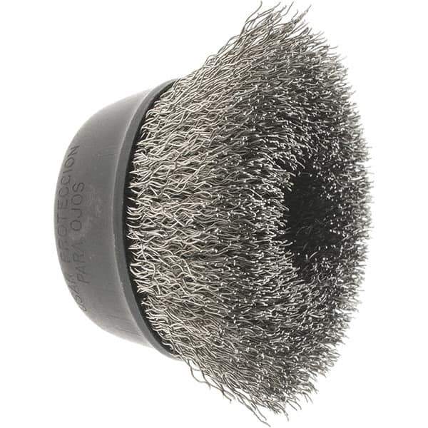 Osborn - 2-3/4" Diam, 5/8-11 Threaded Arbor, Stainless Steel Fill Cup Brush - 0.014 Wire Diam, 1" Trim Length, 14,000 Max RPM - Exact Industrial Supply