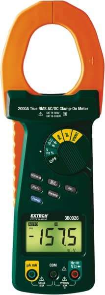 Extech - 380926, CAT IV, Digital True RMS Auto Ranging Clamp Meter with 2" Clamp On Jaws - 1000 VAC/VDC, 2000 AC/DC Amps, Measures Voltage, Capacitance, Current, Frequency, Resistance - Exact Industrial Supply