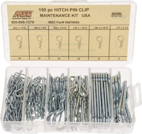 Value Collection - 150 Piece, 1/16 to 3/16" Pin Diam, Hitch Pin Assortment - 1-9/16 to 3-1/4" Long, Spring Steel - Exact Industrial Supply