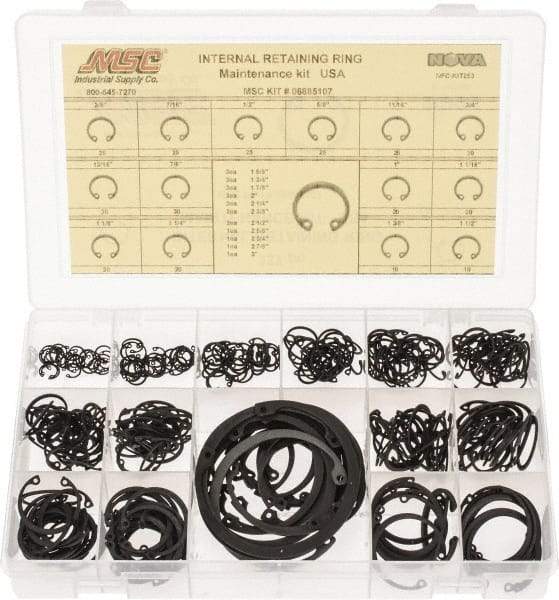 Made in USA - 337 Piece, 3/8 to 3", SpRing Assortment Steel, Snap Internal Retaining Ring Assortment - Includes Compartmented Case - Exact Industrial Supply