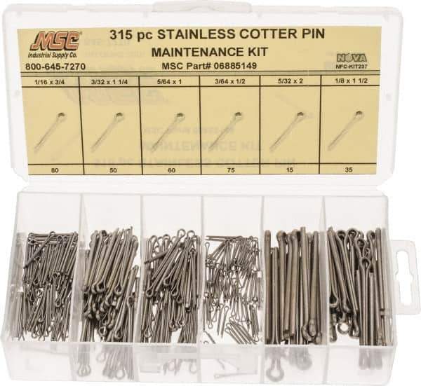 Value Collection - 315 Piece, 1/16 to 1/8" Pin Diam, Cotter Pin Assortment - 3/64 to 5/32" Long, Stainless Steel - Exact Industrial Supply