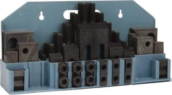 Value Collection - 52 Piece Fixturing Step Block & Clamp Set with 1" Step Block, 11/16" T-Slot, 5/8-11 Stud Thread - 1-1/8" Nut Width, 3, 4, 5, 6, 7 & 8" Stud Lengths - Exact Industrial Supply