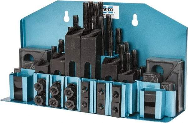 TE-CO - 52 Piece Fixturing Step Block & Clamp Set with 1" Step Block, 1/2" T-Slot, 3/8-16 Stud Thread - 7/8" Nut Width, 3, 4, 5, 6, 7 & 8" Stud Lengths - Exact Industrial Supply