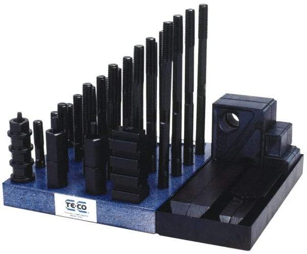 Gibraltar - 50 Piece Fixturing Step Block & Clamp Set with 1-1/2" Step Block, 3/4" T-Slot, 5/8-11 Stud Thread - 1-1/4" Nut Width, 3, 4, 5, 6, 7 & 8" Stud Lengths - Exact Industrial Supply
