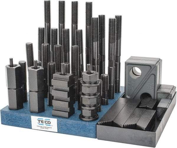 TE-CO - 50 Piece Fixturing Step Block & Clamp Set with 1" Step Block, 11/16" T-Slot, 5/8-11 Stud Thread - 1-1/8" Nut Width, 3, 4, 5, 6, 7 & 8" Stud Lengths - Exact Industrial Supply