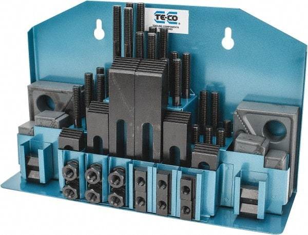 TE-CO - 52 Piece Fixturing Step Block & Clamp Set with 25mm Step Block, 12mm T-Slot, M10x1.5 Stud Thread - 19mm Nut Width, 80, 110, 125, 150, 175 & 200mm Stud Lengths - Exact Industrial Supply
