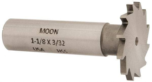 Made in USA - 1-1/8" Diam x 3/32" Face Width, High Speed Steel, 16 Teeth, Shank Connection Woodruff Keyseat Cutter - Uncoated, 2-3/16" OAL x 1/2" Shank, Straight Teeth - Exact Industrial Supply