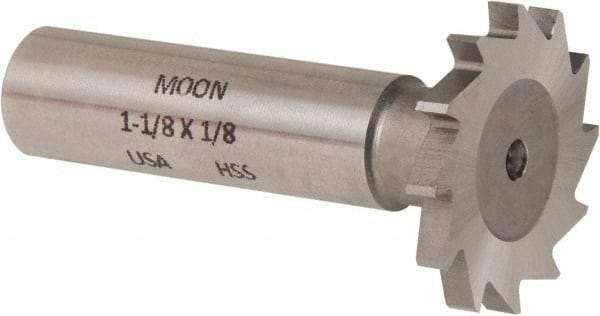 Made in USA - 1-1/8" Diam x 1/8" Face Width, High Speed Steel, 16 Teeth, Shank Connection Woodruff Keyseat Cutter - Uncoated, 2-3/16" OAL x 1/2" Shank, Straight Teeth - Exact Industrial Supply