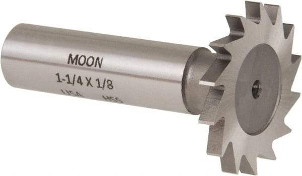 Made in USA - 1-1/4" Diam x 1/8" Face Width, High Speed Steel, 18 Teeth, Shank Connection Woodruff Keyseat Cutter - Uncoated, 2-3/16" OAL x 1/2" Shank, Straight Teeth - Exact Industrial Supply