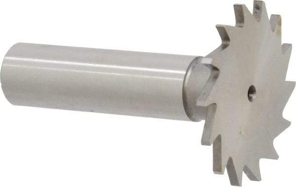Made in USA - 1-3/8" Diam x 5/64" Face Width, High Speed Steel, 18 Teeth, Shank Connection Woodruff Keyseat Cutter - Uncoated, 2-1/4" OAL x 1/2" Shank, Straight Teeth - Exact Industrial Supply