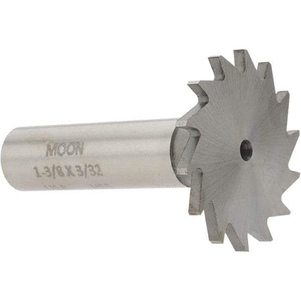 Made in USA - 1-3/8" Diam x 3/32" Face Width, High Speed Steel, 18 Teeth, Shank Connection Woodruff Keyseat Cutter - Uncoated, 2-1/4" OAL x 1/2" Shank, Straight Teeth - Exact Industrial Supply