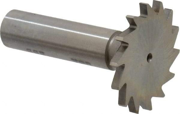 Made in USA - 1-3/8" Diam x 7/64" Face Width, High Speed Steel, 14 Teeth, Shank Connection Woodruff Keyseat Cutter - Uncoated, 2-1/4" OAL x 1/2" Shank, Straight Teeth - Exact Industrial Supply