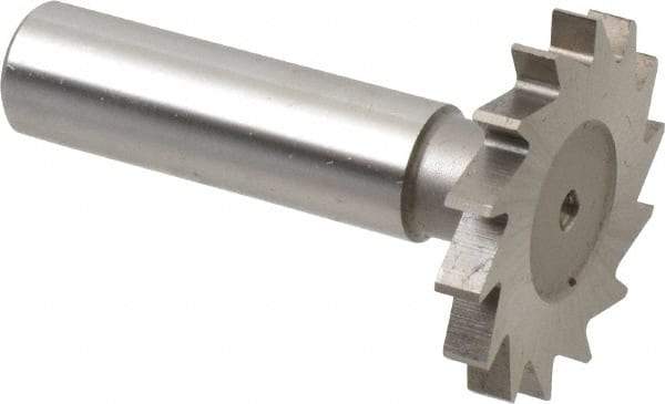 Made in USA - 1-3/8" Diam x 11/64" Face Width, High Speed Steel, 18 Teeth, Shank Connection Woodruff Keyseat Cutter - Uncoated, 2-1/4" OAL x 1/2" Shank, Straight Teeth - Exact Industrial Supply