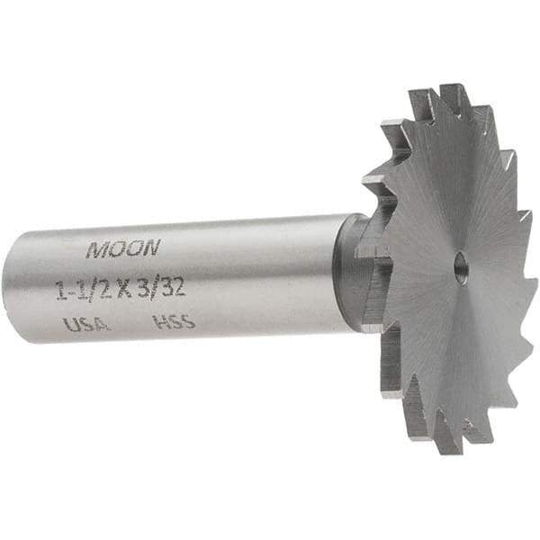 Made in USA - 1-1/2" Diam x 3/32" Face Width, High Speed Steel, 20 Teeth, Shank Connection Woodruff Keyseat Cutter - Uncoated, 2-1/4" OAL x 1/2" Shank, Straight Teeth - Exact Industrial Supply