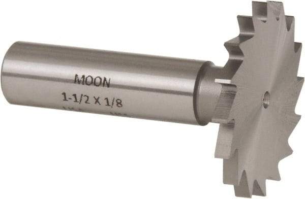 Made in USA - 1-1/2" Diam x 1/8" Face Width, High Speed Steel, 16 Teeth, Shank Connection Woodruff Keyseat Cutter - Uncoated, 2-1/8" OAL x 1/2" Shank, Straight Teeth - Exact Industrial Supply