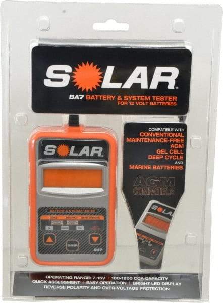 Solar - 12 Volt Digital Battery & System Tester - 100 to 1,100 CCA Range, 1-1/2' Cable - Exact Industrial Supply