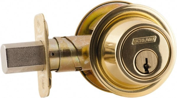Schlage - 1-3/8 to 1-3/4" Door Thickness, Bright Brass Finish, Double Cylinder Deadbolt - Exact Industrial Supply
